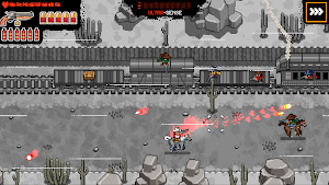 A gunfight on the roof of a moving train with bandits along the carriages