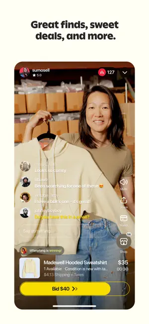Live auction with a sweatshirt at $35 and a thirty-second countdown