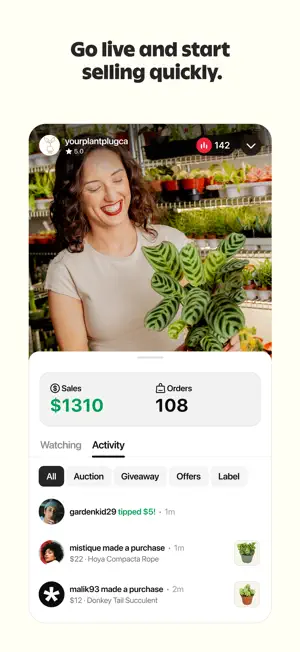 Seller dashboard with $1,310 in sales and 108 orders