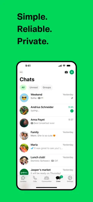 Chat list with All, Unread and Groups filters above pinned conversations
