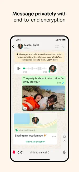 Chat showing the end-to-end encryption notice, a voice note and live location