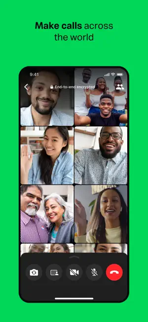 Group video call grid labelled end-to-end encrypted with call controls below