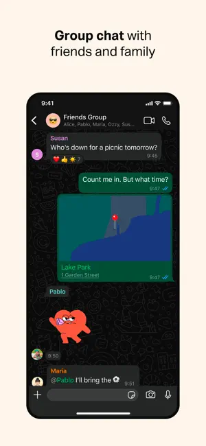 Friends Group thread with a shared map pin for Lake Park and a sticker reply