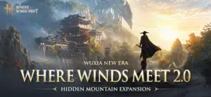 Where Winds Meet 2.0 Hidden Mountain expansion key art — a wanderer on a cliff above a misty valley
