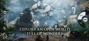 Open-world vista of a ruined pavilion in a forested gorge with touch controls visible
