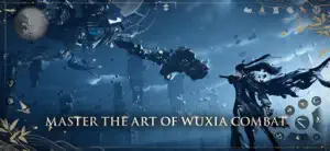 Wuxia combat: a swordsman leaping through a night-time courtyard against several enemies