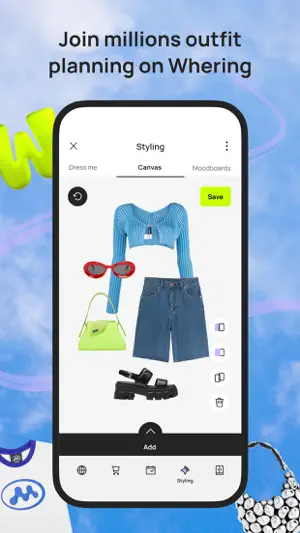 Styling screen on the Canvas tab with a blue knit top, denim shorts, red sunglasses, a lime bag and black sandals laid out beside a Save button