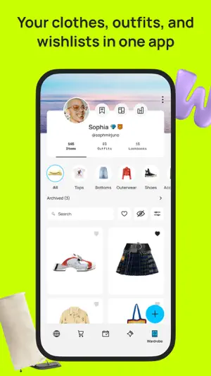 Wardrobe profile showing 145 items, 23 outfits and 15 lookbooks, with category chips for Tops, Bottoms and Outerwear above a grid of clothes