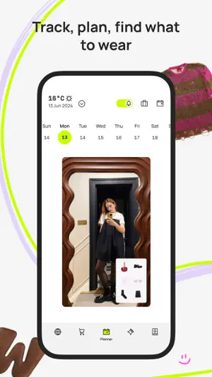 Planner week strip for 13 June with a 16 degree weather header and a mirror selfie of an outfit with its items pinned beside it