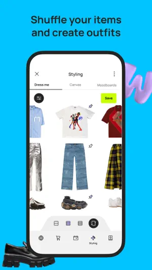 Dress Me tab with shuffle columns of tops, trousers and shoes, pin icons on selected pieces and a Save button