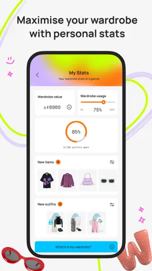 My Stats screen with a wardrobe value box, a wardrobe usage slider at 75 percent and a ring showing 17 of 20 outfits worn