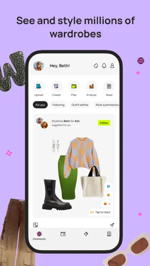 Community feed with a style submission from one user for another, pairing a patterned jumper, green skirt, black boots and a tote bag