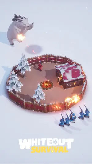 Snowbound camp with a fire ring and a mammoth outside the wall