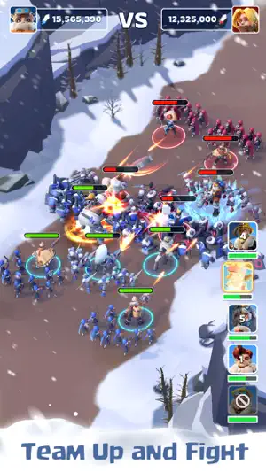 Battle between two armies with hero portraits and health bars