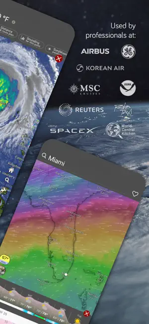 Hurricane radar view beside a Miami wind map with flow lines, next to Airbus, NOAA, SpaceX and Reuters logos