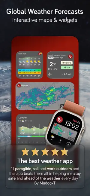 Home-screen forecast widgets for New York and London with an Apple Watch face showing a radar map