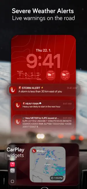Lock-screen Storm Alert, Heavy Rain and METAR notifications above a CarPlay radar widget for Arizona