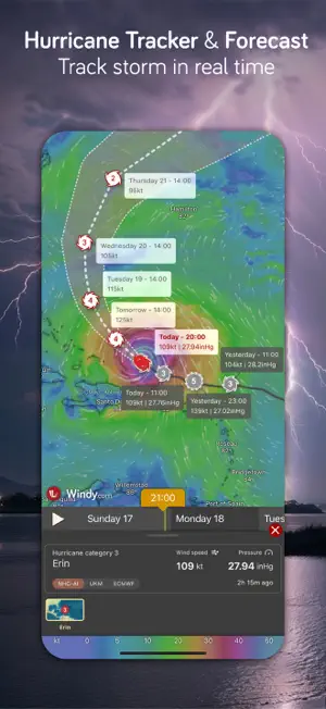 Hurricane Erin category 3 forecast track with 109 kt winds, 27.94 inHg pressure and NHC-AI, UKM and ECMWF track options