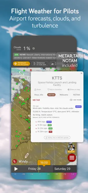 KTTS airport card with METAR, TAF and NOTAM tabs over the clouds layer, under a Flight Weather for Pilots headline