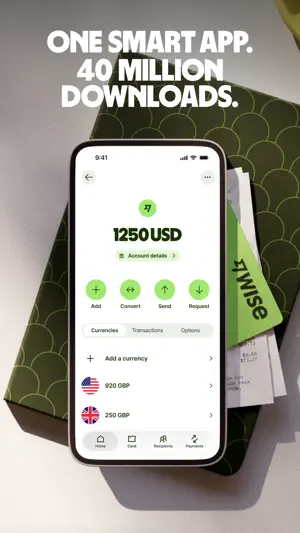 Wise home screen with a 1,250 USD balance, Add, Convert, Send and Request buttons, and GBP holdings below