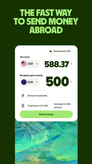 Transfer screen sending 588.37 USD so the recipient gets exactly 500 EUR, with 2.27 USD in fees and a 24-hour rate guarantee