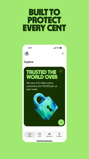 Explore tab banner stating 12.8 million active customers, with a padlock illustration