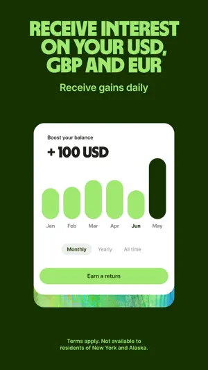 Interest screen charting a 100 USD balance boost by month, noting it is unavailable in New York and Alaska