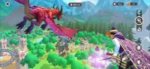 A student on a broom above the castle grounds as a red dragon flies past