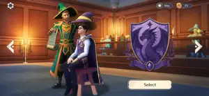 The house-selection screen with a professor, a student and a purple dragon crest