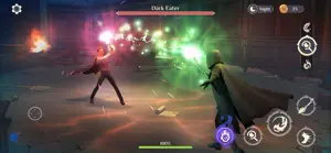 A wand duel against the Dark Eater in a hall lit by green spell light