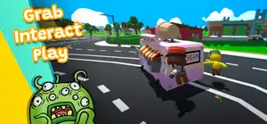 Pizza delivery van racing down a street with a Wobbly hanging out of the door