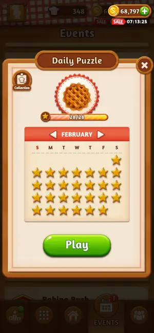 Daily Puzzle calendar for February with 28 of 28 stars collected and a green Play button