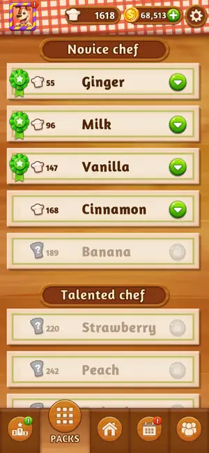 Level pack list with Ginger, Milk, Vanilla and Cinnamon unlocked under Novice chef and Banana, Strawberry and Peach locked