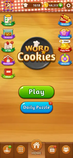 Home screen with Play and Daily Puzzle buttons flanked by Piggy Bank, Renovation, Album and timed event icons