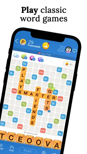 Word board mid-match with multipliers and a tile rack