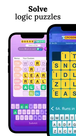 Two logic puzzles shown side by side with coloured guesses