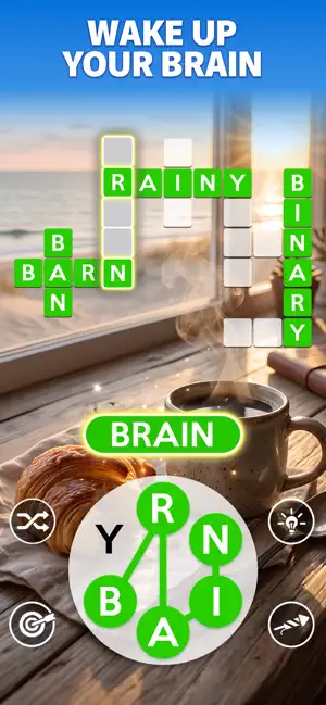 Wake up your brain: a crossword grid with BRAIN, RAINY and BARN over a breakfast table