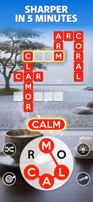 Sharper in 5 minutes: spelling CALM on the letter wheel with CAR and CORAL in the grid