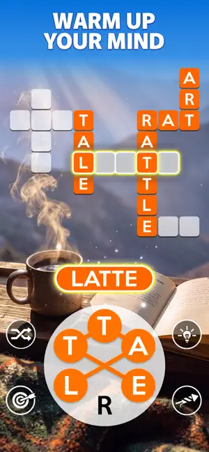 Warm up your mind: spelling LATTE from the letter wheel beside a steaming cup