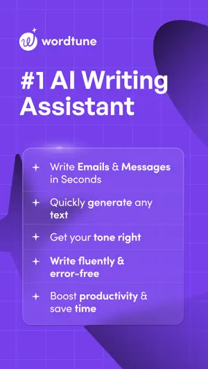 Wordtune logo on a purple card headed #1 AI Writing Assistant, above five short benefit lines about emails, generated text, tone and fluent writing