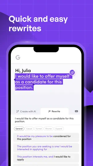 iPhone with the Wordtune keyboard open on the Rewrite tab: a highlighted sentence about a job candidacy, three alternative phrasings and General, Casual, Formal, Shorten and Expand chips