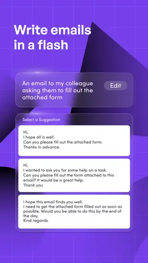 Create with AI result headed Write emails in a flash: a request to a colleague about an attached form and three email drafts to choose from
