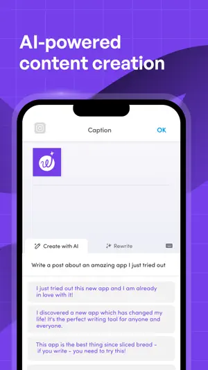 Caption screen with the Wordtune logo as the image and the Create with AI tab, listing three generated captions for a post about a new app
