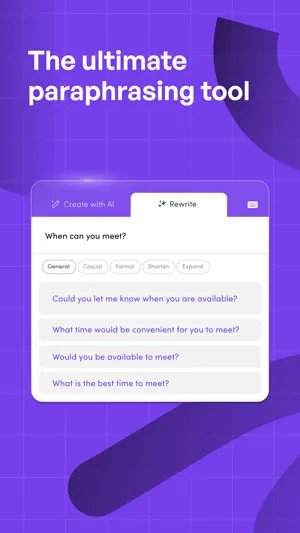 Rewrite panel for the question When can you meet, with the tone chips and four alternative wordings, under the headline The ultimate paraphrasing tool