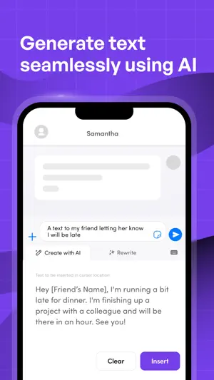 Messages screen where Create with AI drafts a text about running late to dinner, with Clear and Insert buttons under the draft