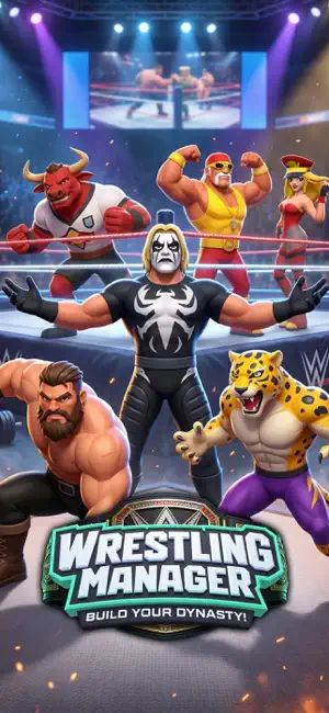 Key art of cartoon wrestlers — a masked bull, a Sting lookalike and a Hogan lookalike — around a ring, captioned build your dynasty