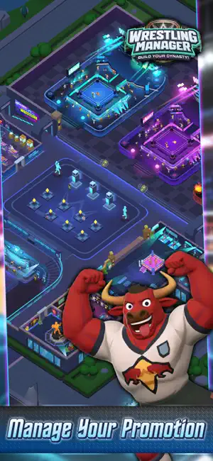 An isometric arena complex under construction, captioned manage your promotion