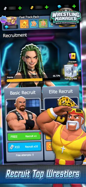 The recruitment screen with Basic and Elite recruit options and a green-haired agent