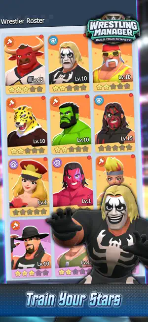 The wrestler roster grid of star-rated lookalikes, captioned train your stars