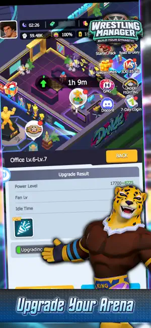 The office upgrade panel over the arena map, captioned upgrade your arena